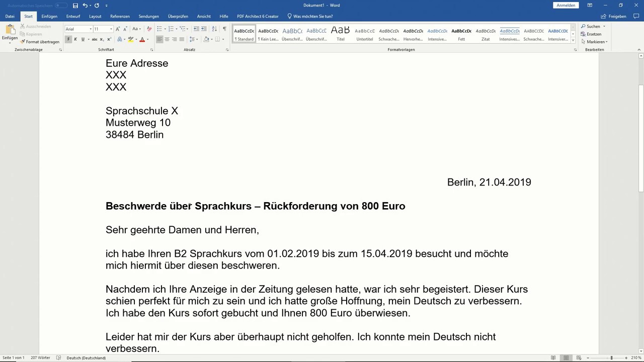Beschwerdebrief B2 über Sprachkurs schreiben | B2 Brief schreiben Prüfung in Deutsch